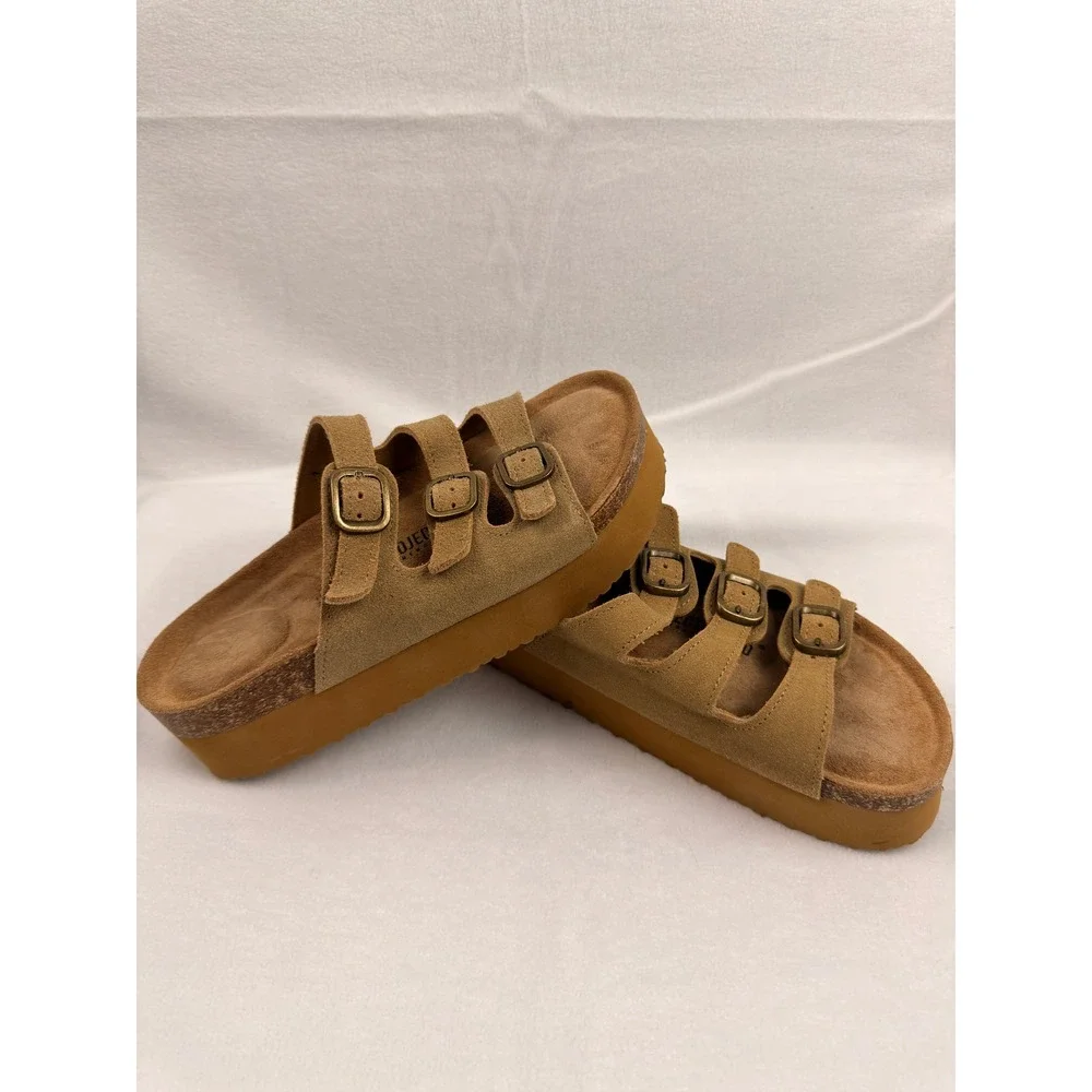 Project Cloud Tan Suede Platform Slide Sandals Triple Buckle Memory Foam US 7